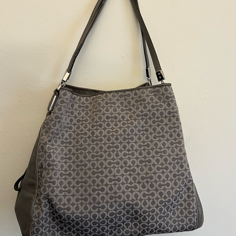 Gray Shoulder Bag with Monogram Pattern and Leather Trim